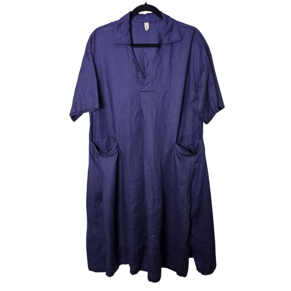Grae Cove Linen Midi Dress Large Indigo Purple Short Sleeve Pocket V-Neck Shift